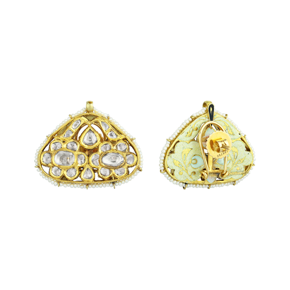 Triangular Polki Earrings with Gold & Pearl Detailing